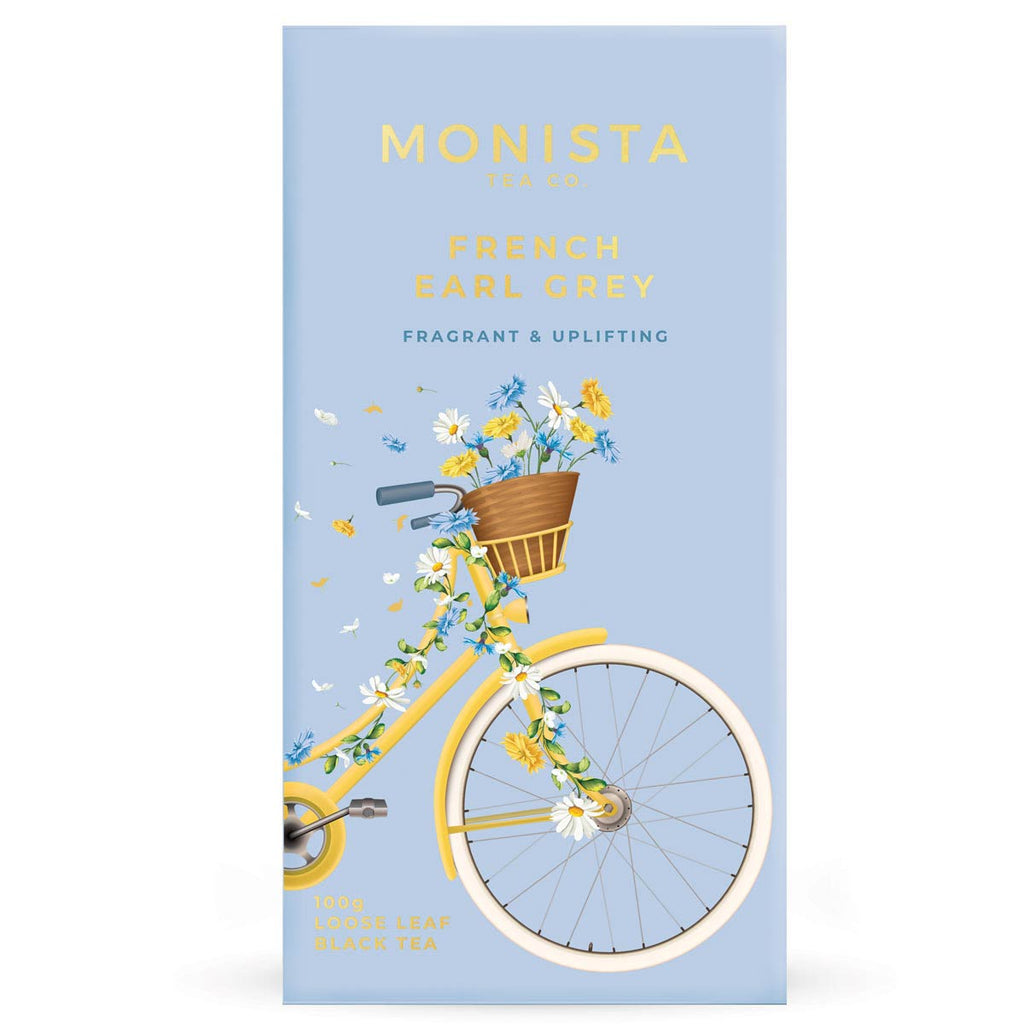 Light blue French Earl Grey tea refill box with a floral bicycle illustration