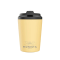 Yellow tumbler with black lid on a white background, featuring the Monista Tea Co. logo.