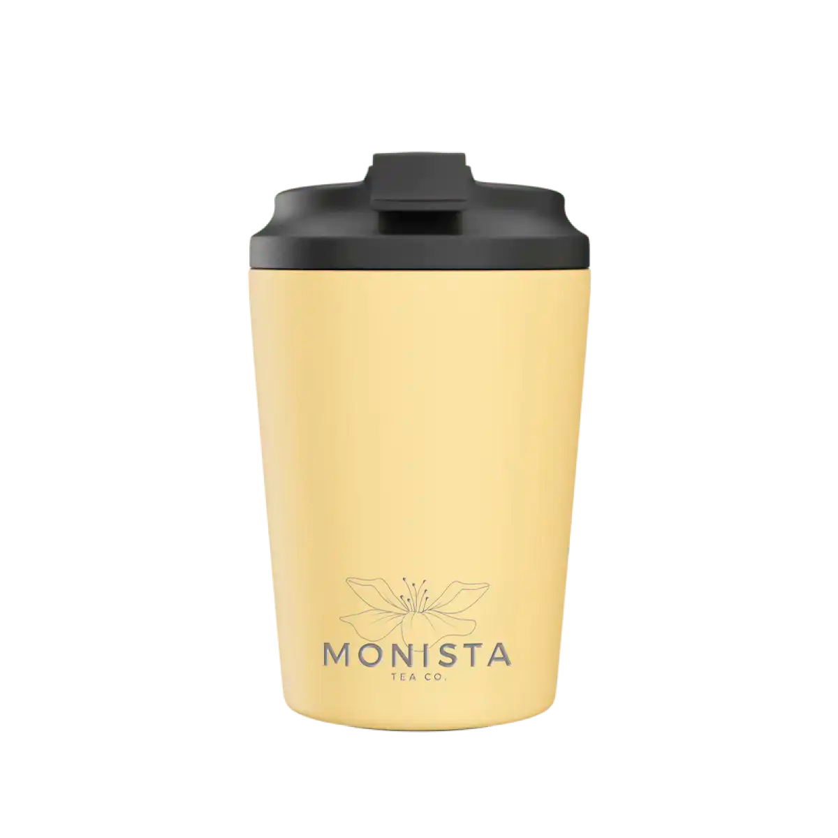 Yellow tumbler with black lid on a white background, featuring the Monista Tea Co. logo.