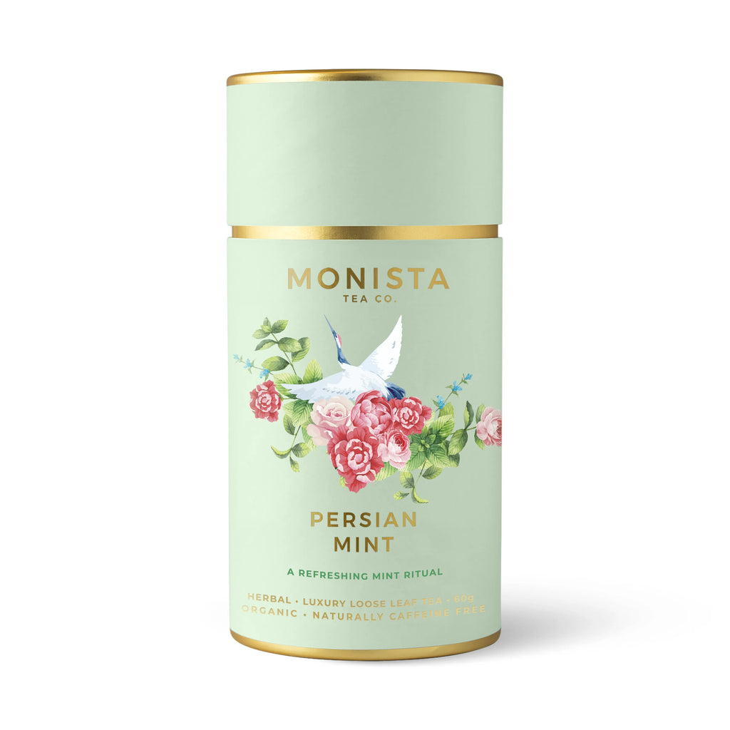 Sage green tea canister with a bird and rose design and 'Persian Mint' branding on a white background