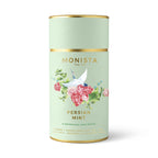 Sage green tea canister with a bird and rose design and 'Persian Mint' branding on a white background