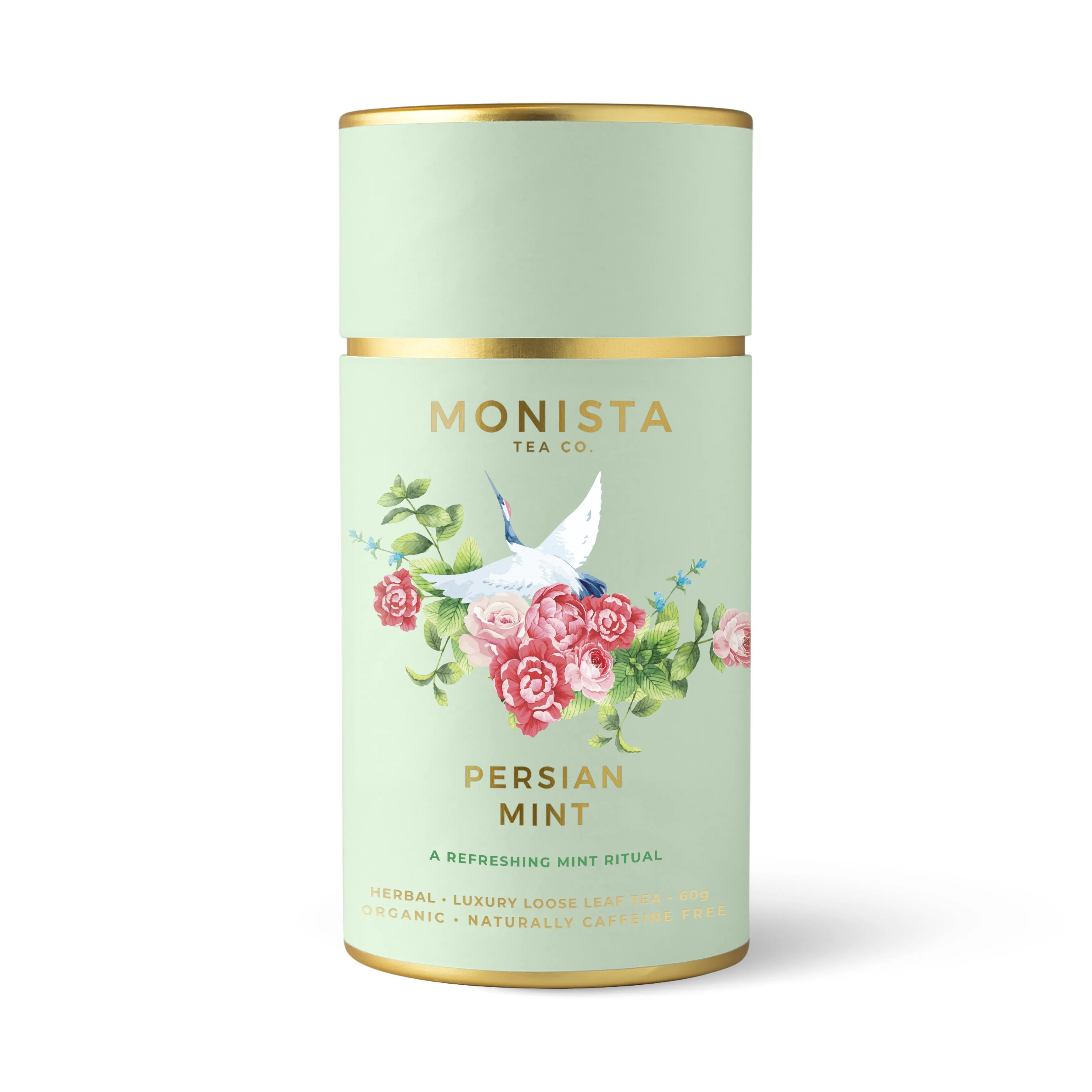 Sage green tea canister with a bird and rose design and 'Persian Mint' branding on a white background