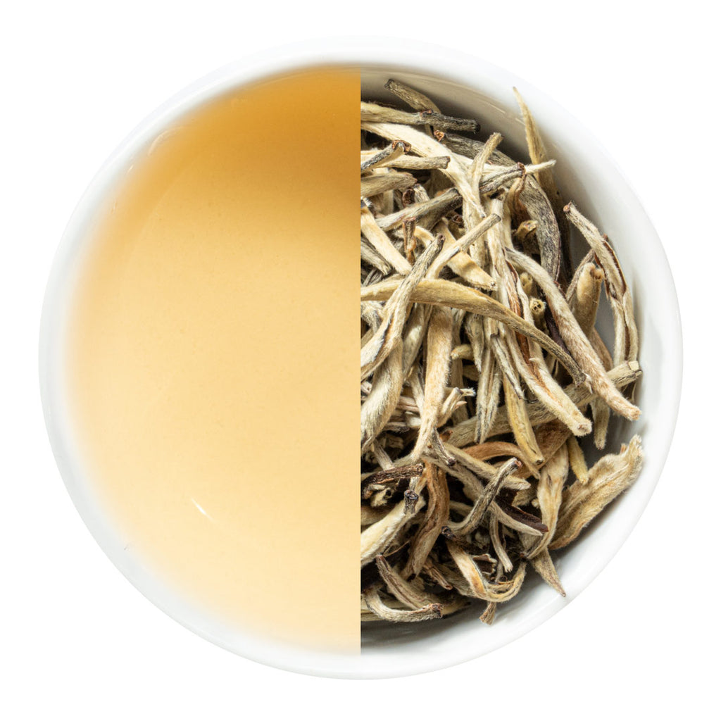 Brewed tea on one side and silver needle white tea leaves on the other in a white bowl