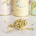 Loose black tea with blue cornflower petals on one side and brewed tea on the other in a white bowl