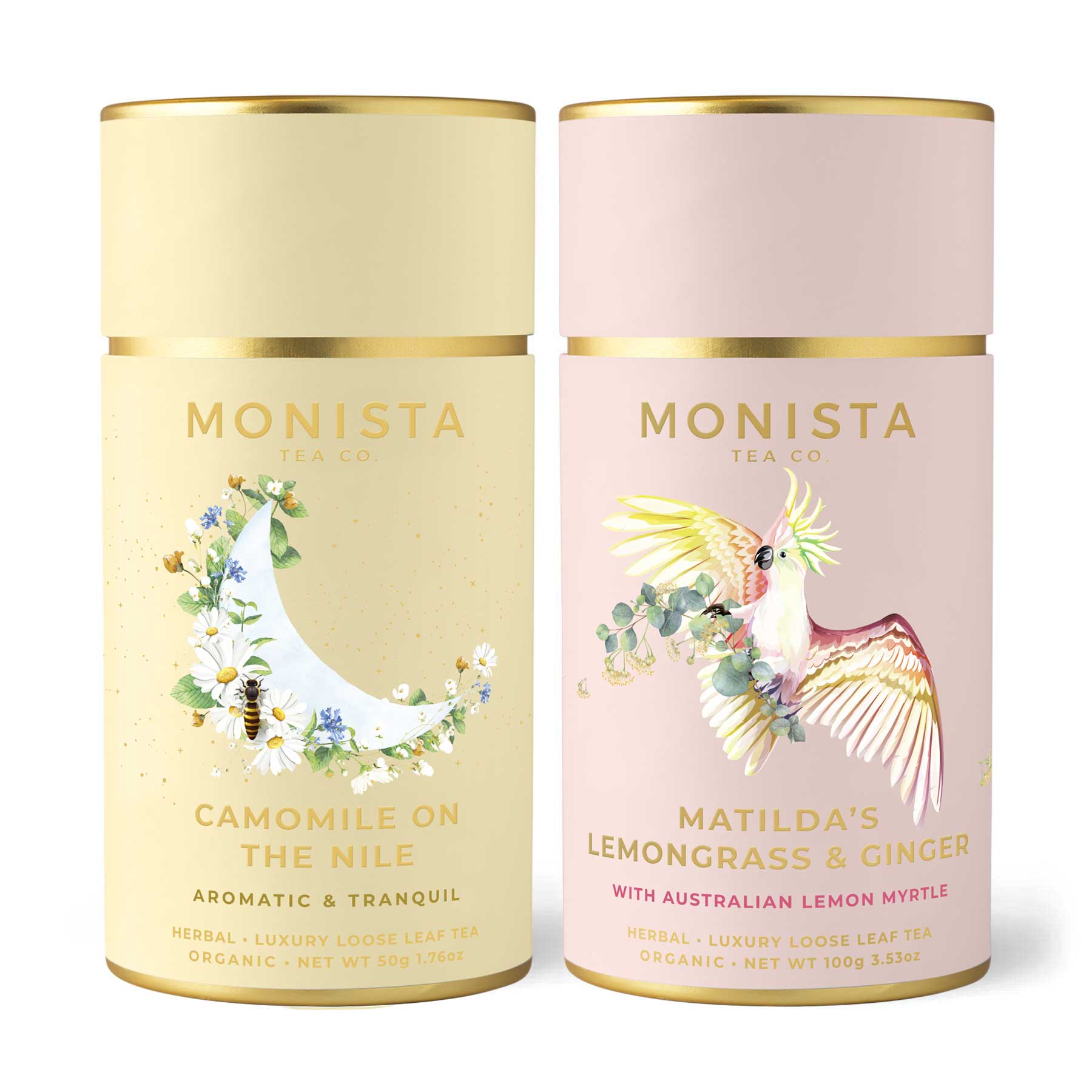 Two tea canisters side by side, cream Camomile On The Nile and pink Matilda's Lemongrass & Ginger