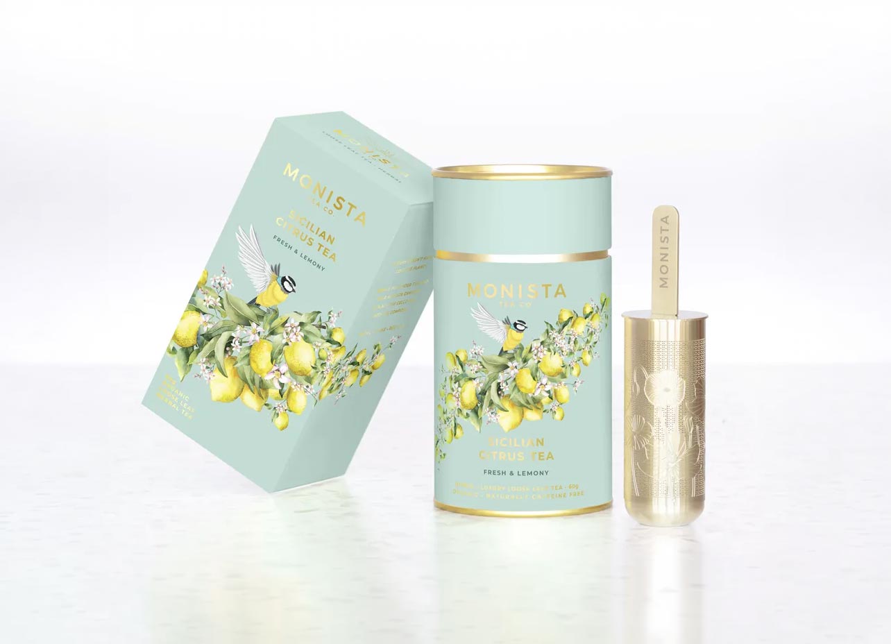 Monista Lemon Citrus tea packaging set featuring a mint green box, a matching canister, and a gold stick Infuser on a clean white background.