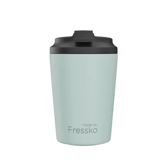 blue Fressko cup with black lid