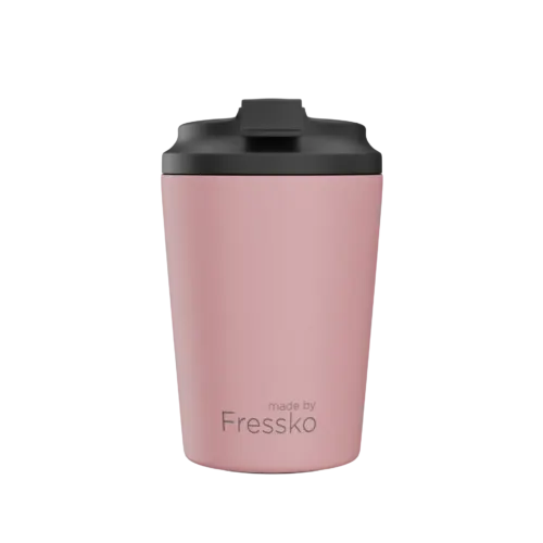 Pink Fressko cup with black lid