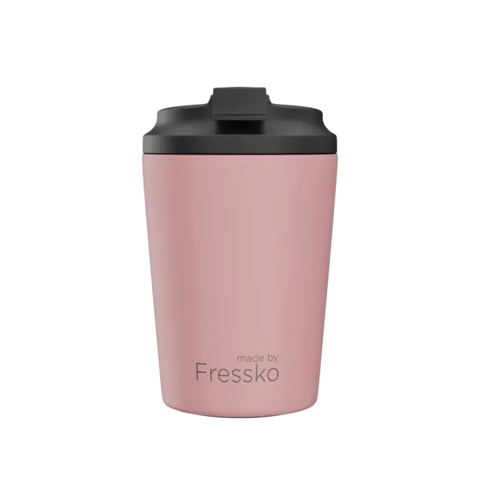 Pink Fressko cup with black lid