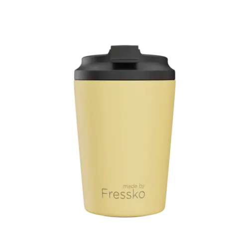 yellow Fressko cup with black lid