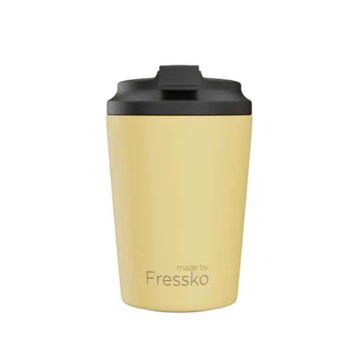 yellow Fressko cup with black lid