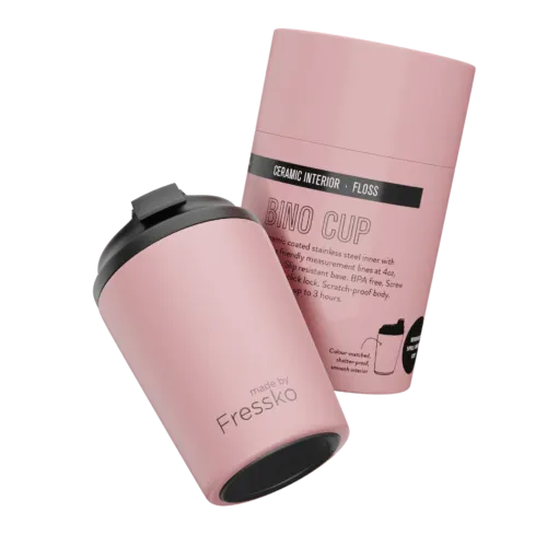 Pink Fressko cup with black lid and packaging tube