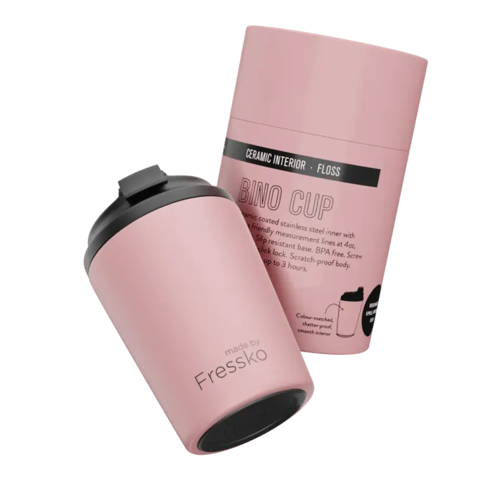 Pink Fressko cup with black lid and packaging tube