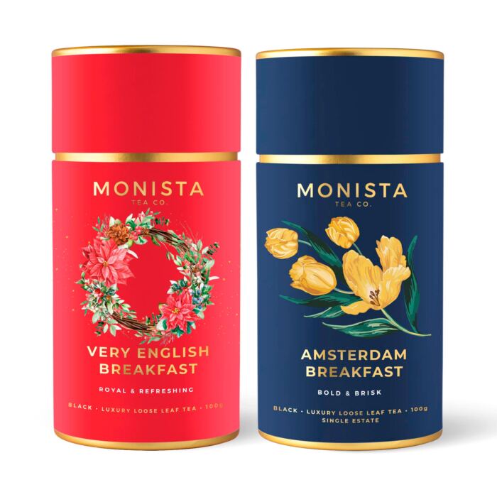Two breakfast tea canisters one red and one blue