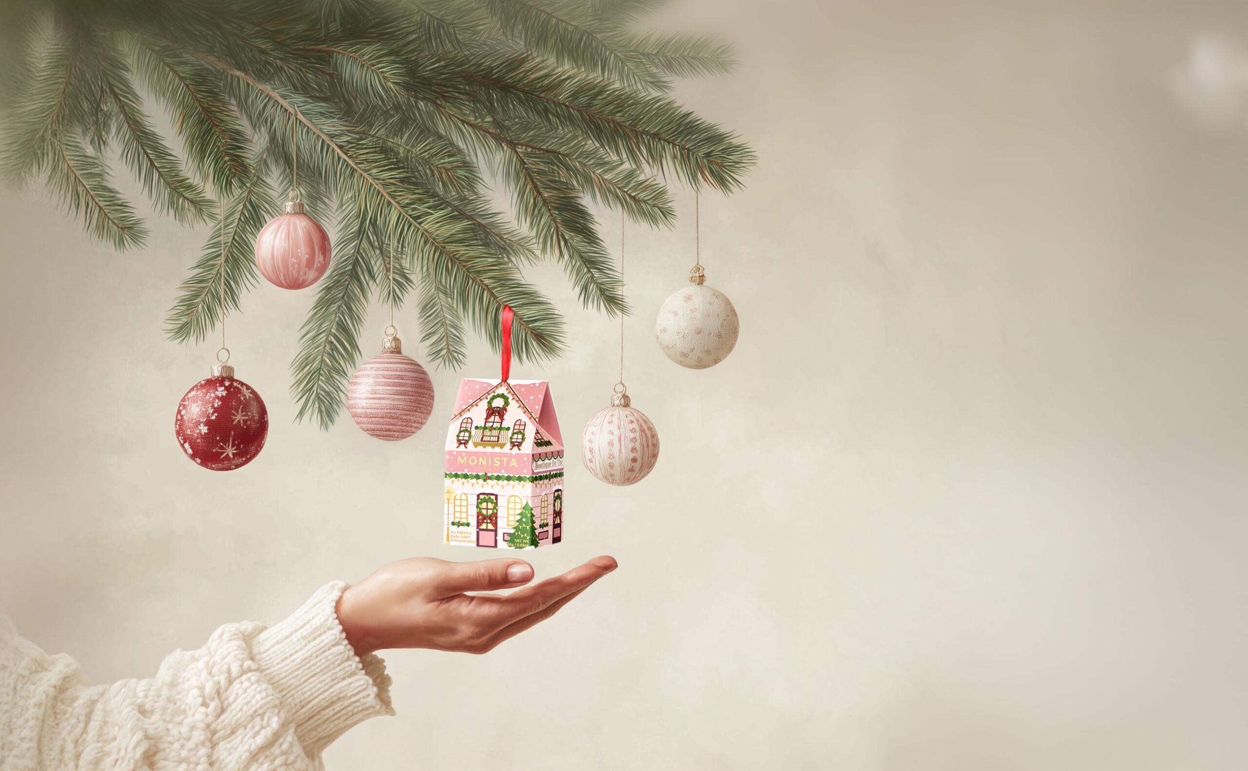 lady with her hands under a christmas decoration