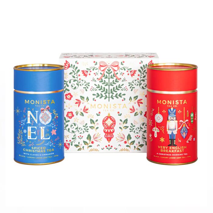 two Christmas tea canisters with gift box