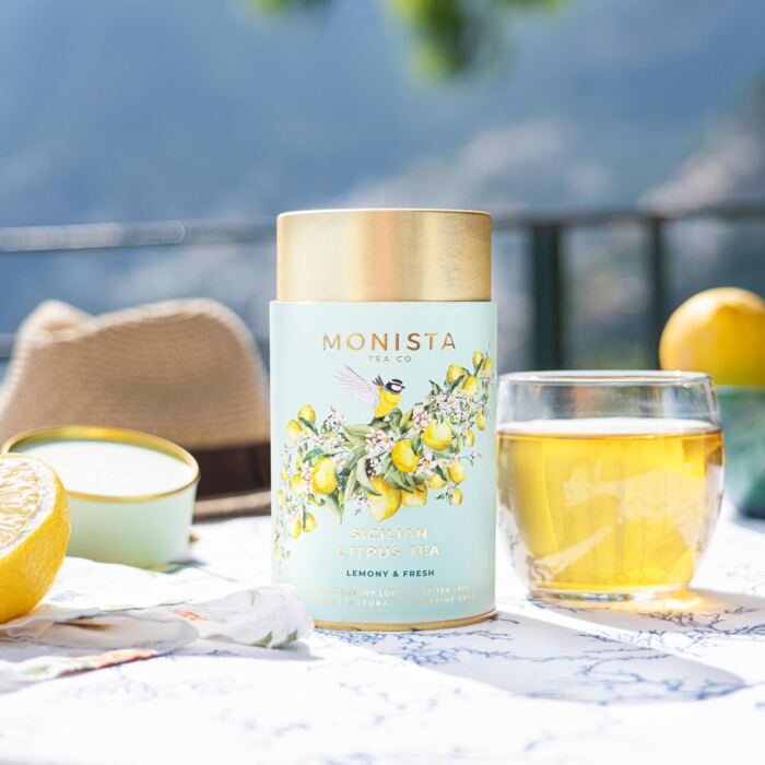 Sicilian lemon tea canister on table on a sunny day