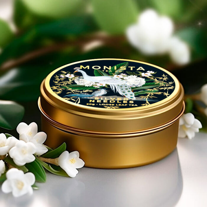 gold tin with black label surrounded by flowers