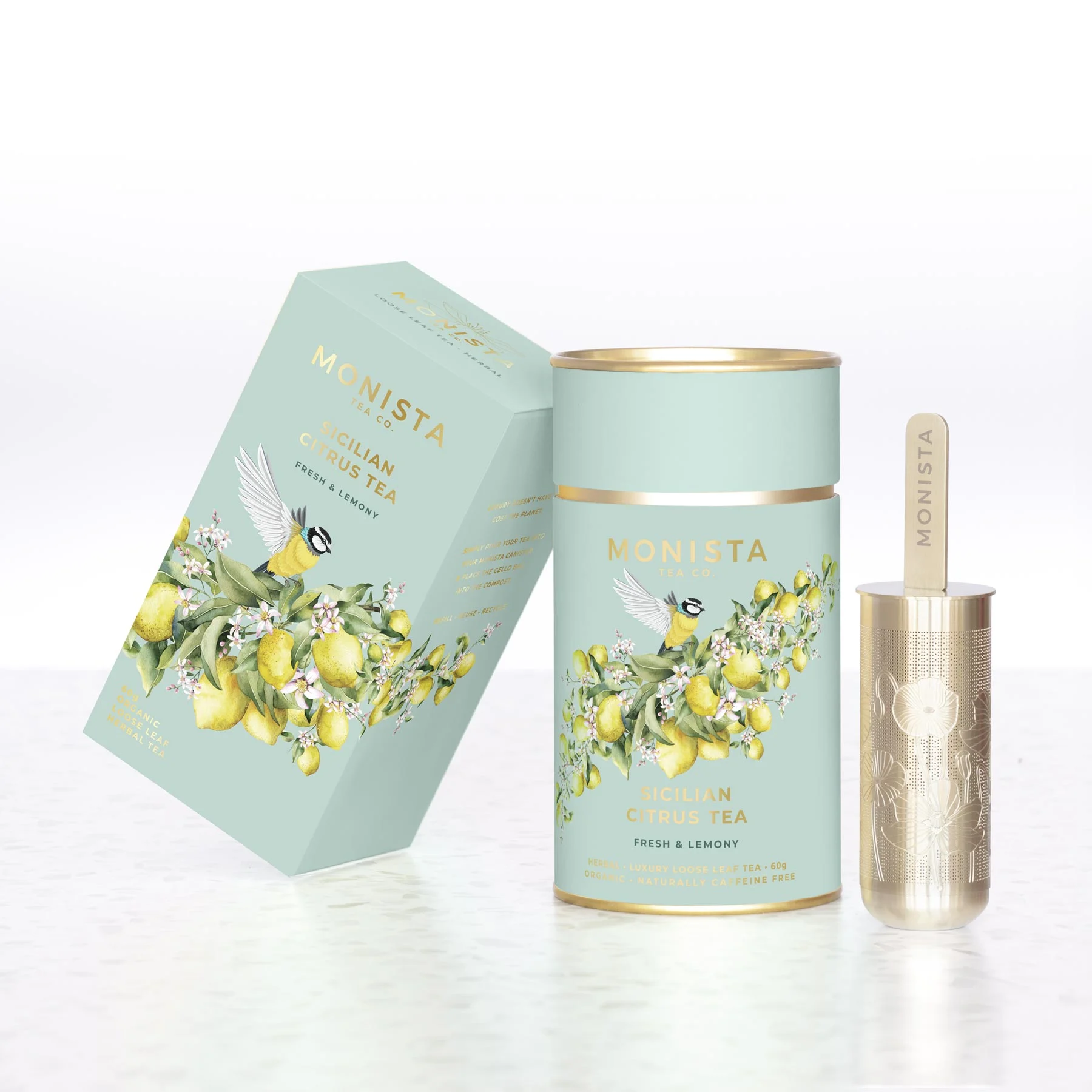 A tea canister and a refill box and infuser
