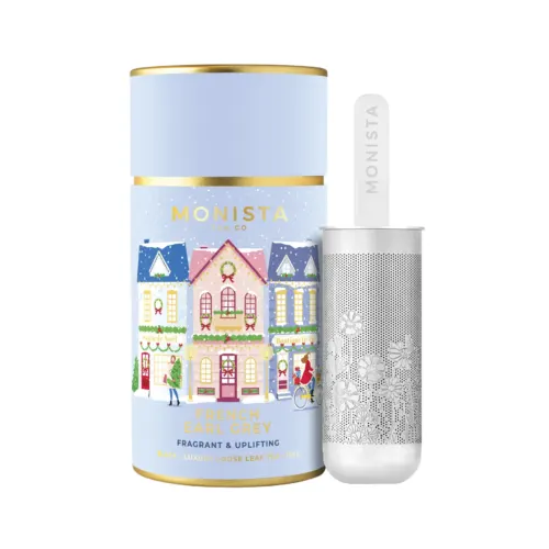 Pretty blue christmas tea canister with a silver stick infuser