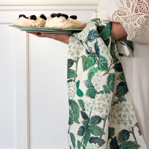 pretty Hydrangea Tea Towel over lady arm