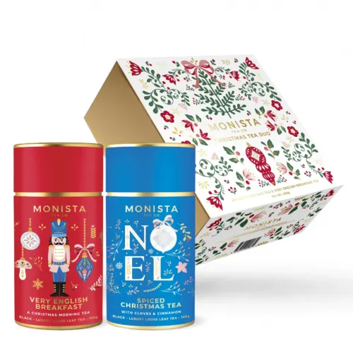 2 christmas tea canisters with a pretty gift box