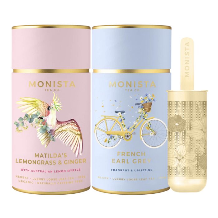 pretty tea canisters with gold infuser