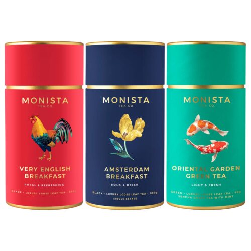 Tea gift pack with red, blue and green canisters