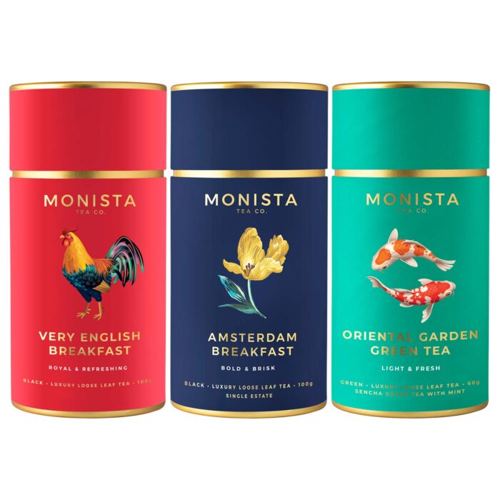 Tea gift pack with red blue and green canisters