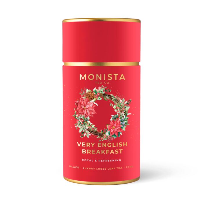 red christmas tea canister with wreath