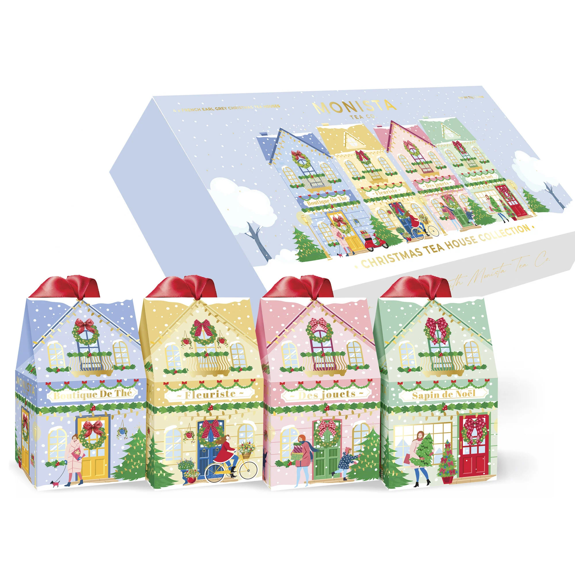 four christmas tea houses with a gift box