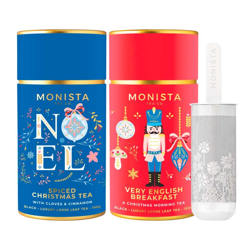 Two christmas tea canisters and a silver infuser
