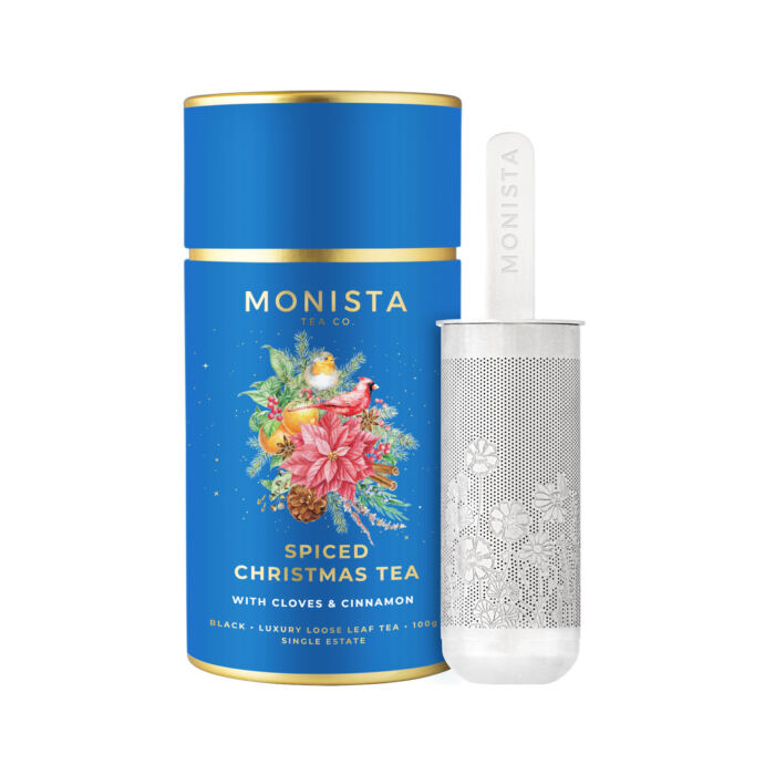 Blue christmas tea canister with silver stick infuser
