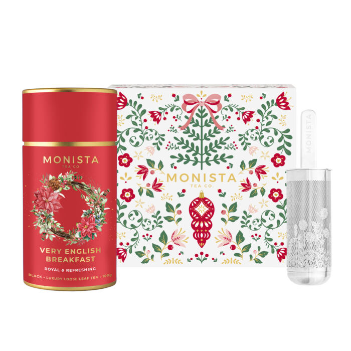 Tea box set with red tea canister and infuser