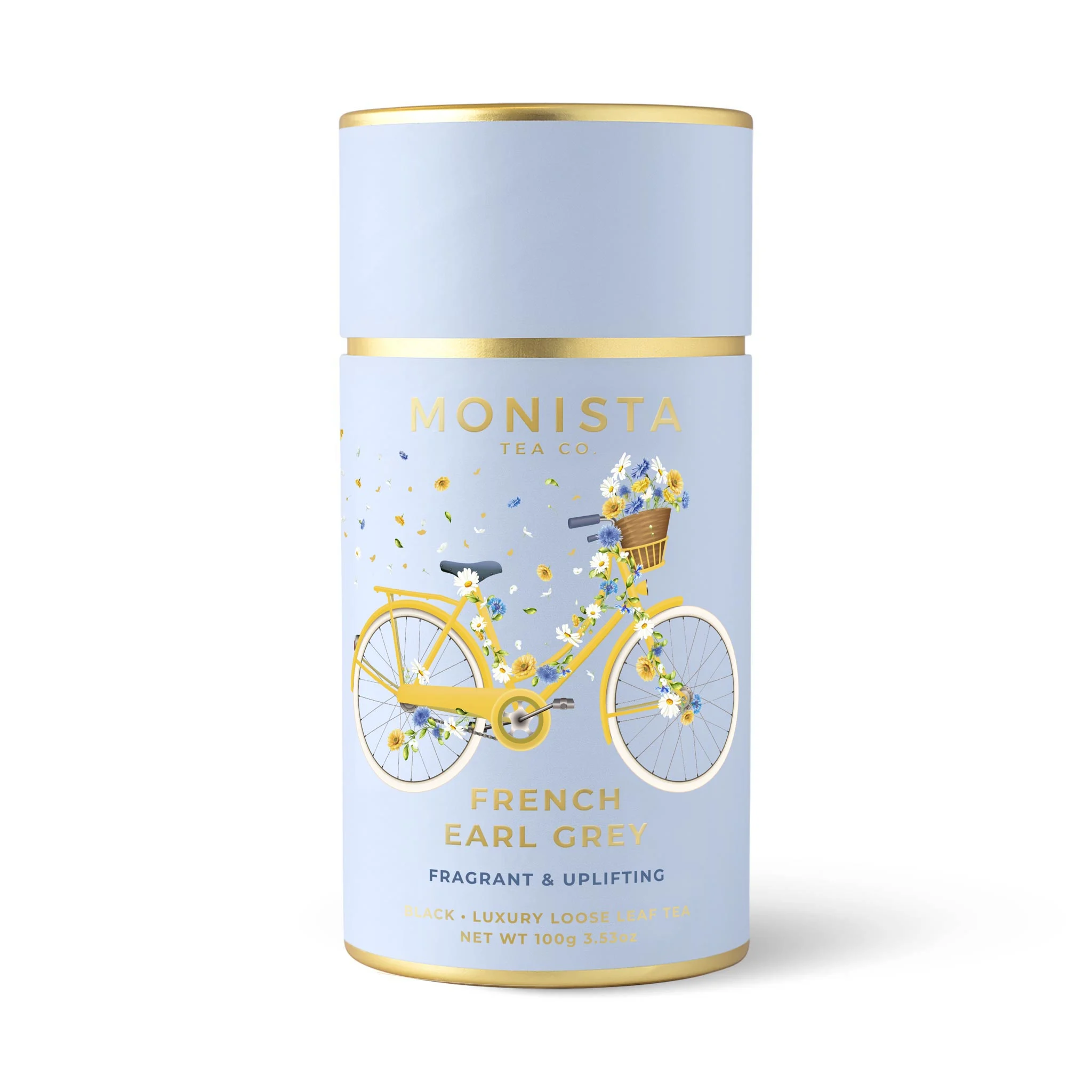blue tea canister with yellow bike