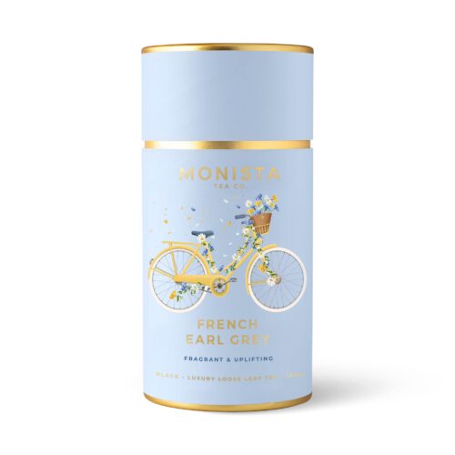Blue tea canister with french bike