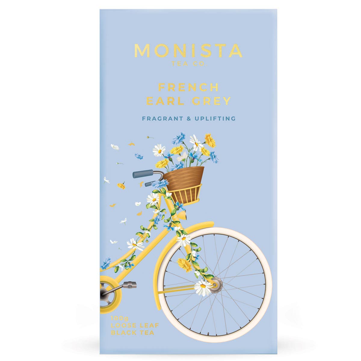 blue tea box with picture of yellow bike