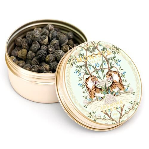 gold tin with jasmine pearl tea inside