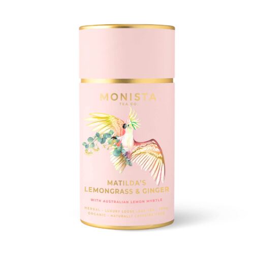 Pink tea canister with cockatoo bird image
