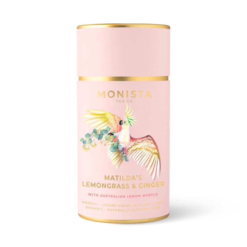 Pink tea canister with cockatoo bird image