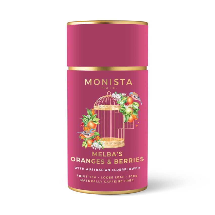 Fruit tea canister with bird cage image