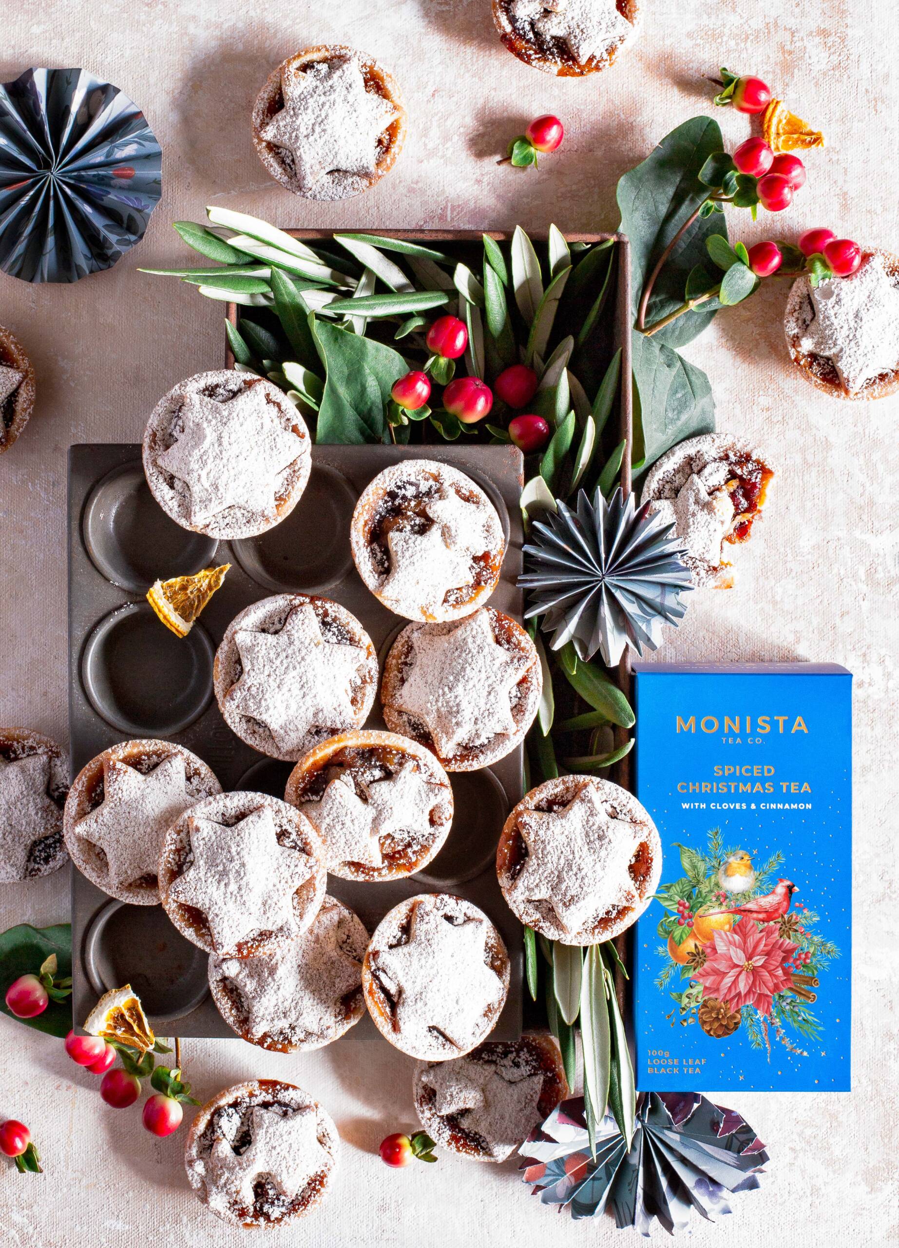 Mince pies with tea box