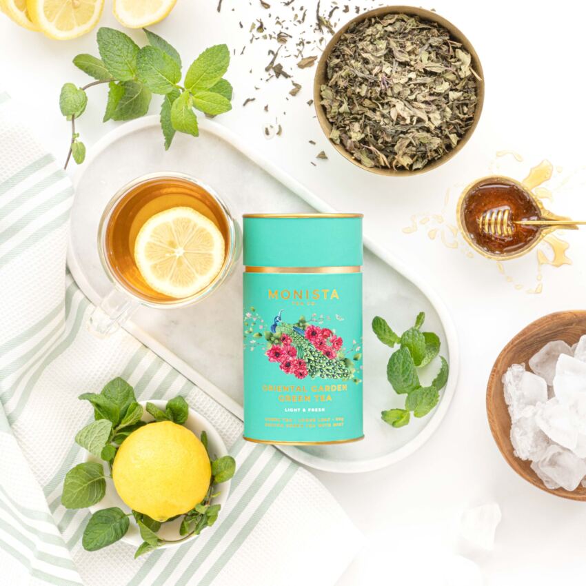 Green tea canister with lemons and honey