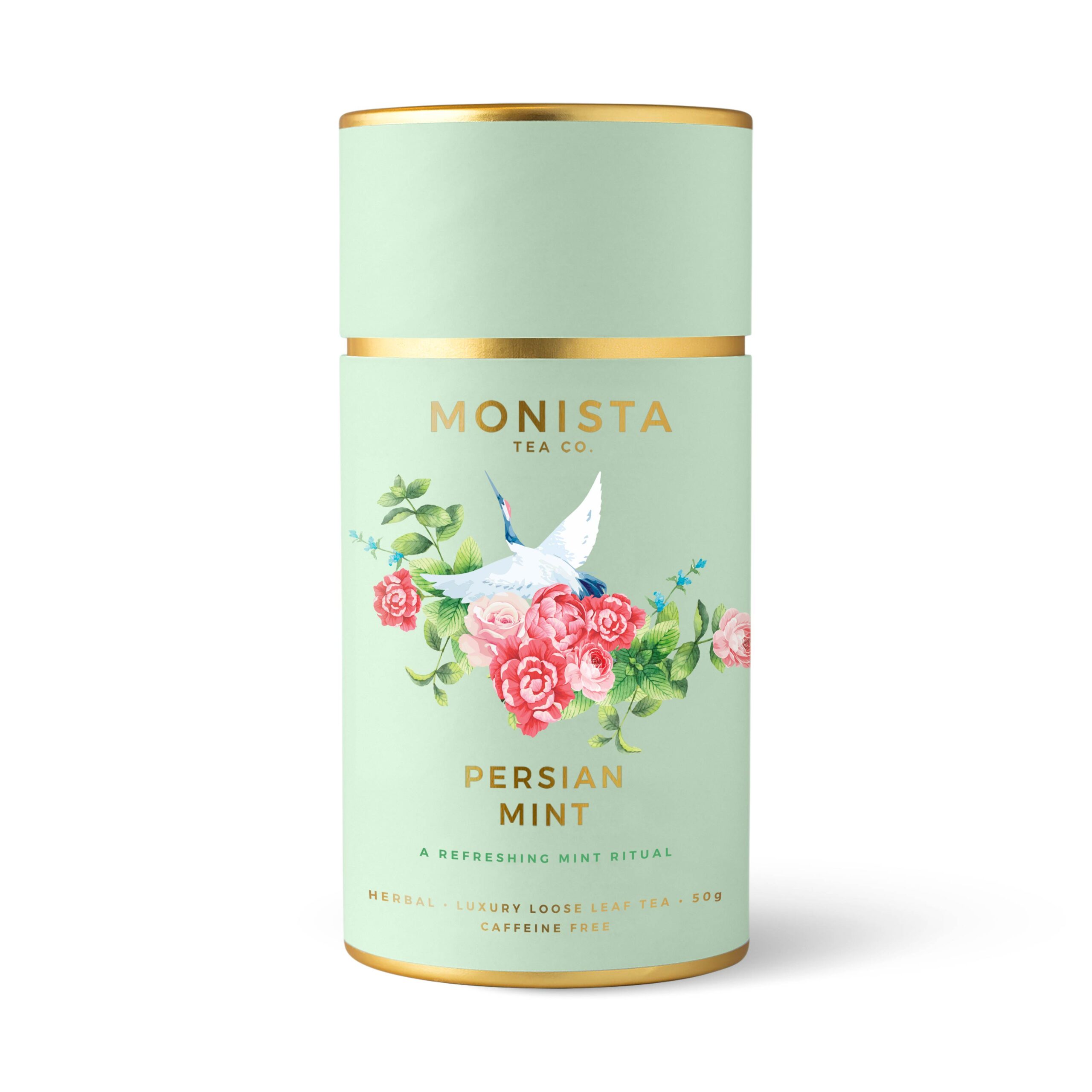 Mint tea canister with bird and flowers