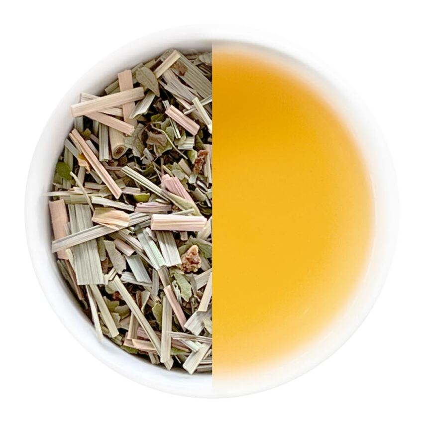 Loose leaf herbal lemon tea in a half circle and the brewed version in the other half