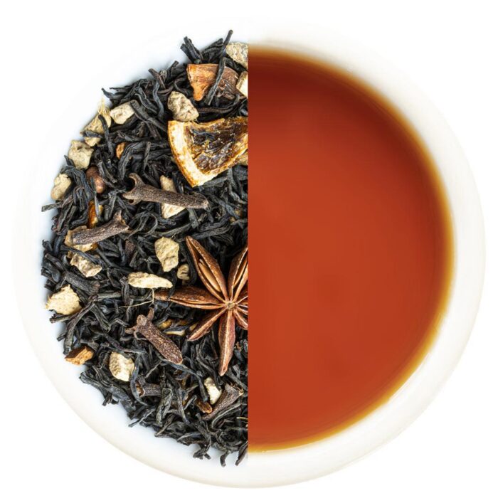 loose leaf tea and brewed tea in a circle