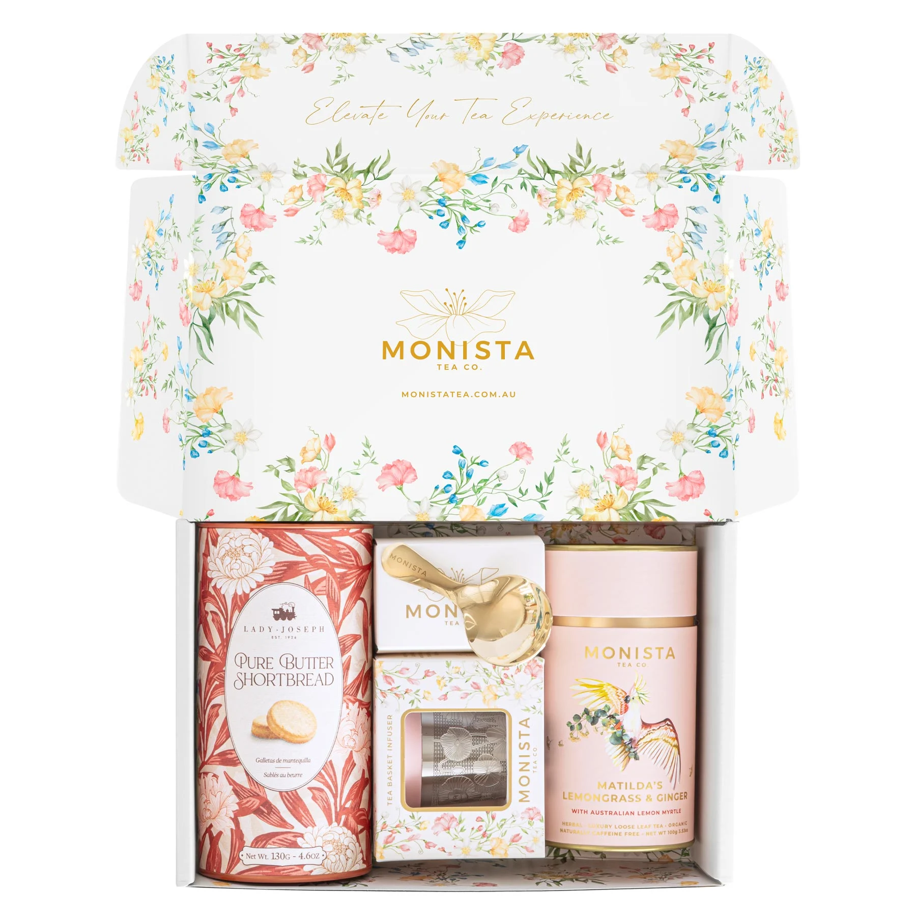 gift box with tea canister, Infuser and canister of biscuits