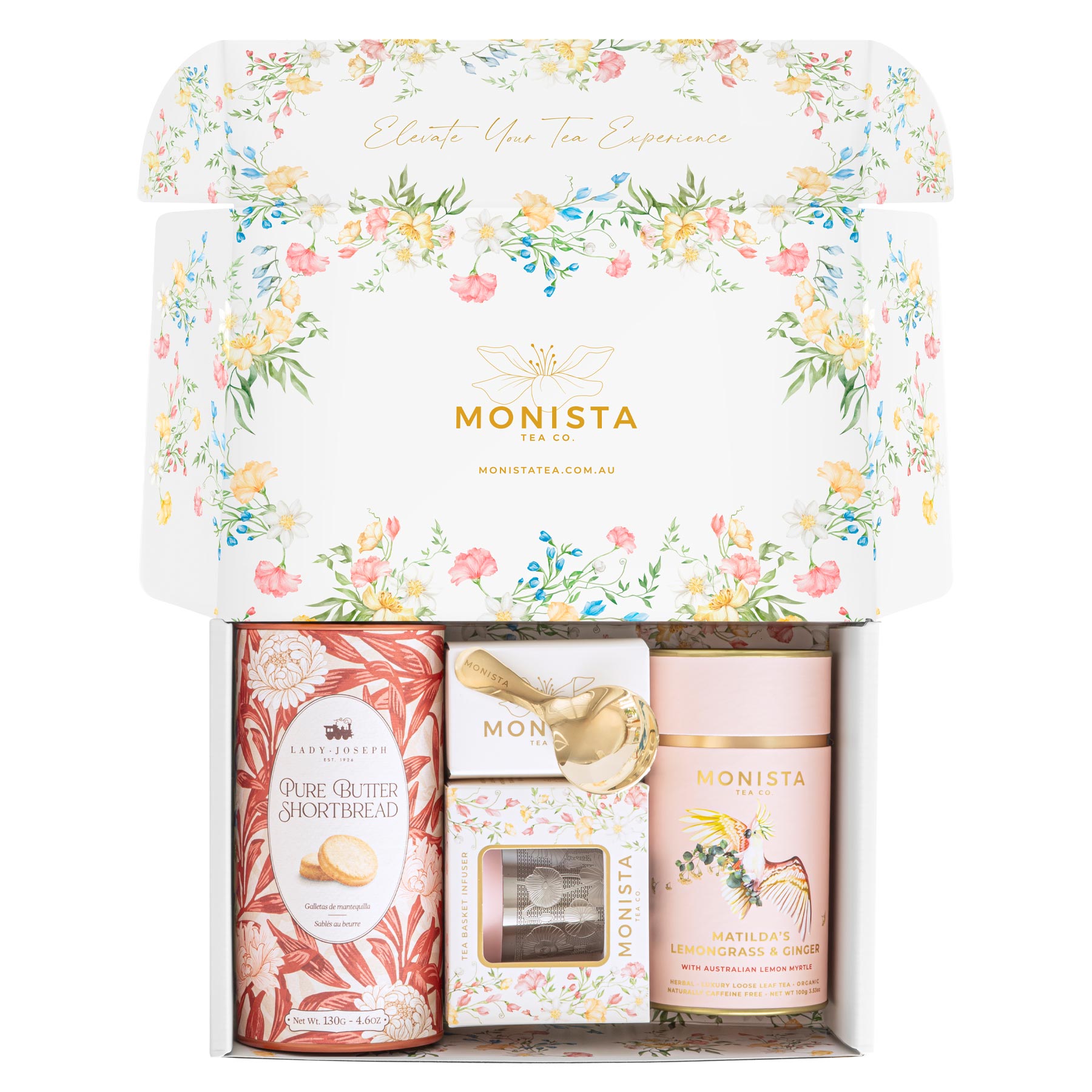 gift box with tea canister, Infuser and canister of biscuits