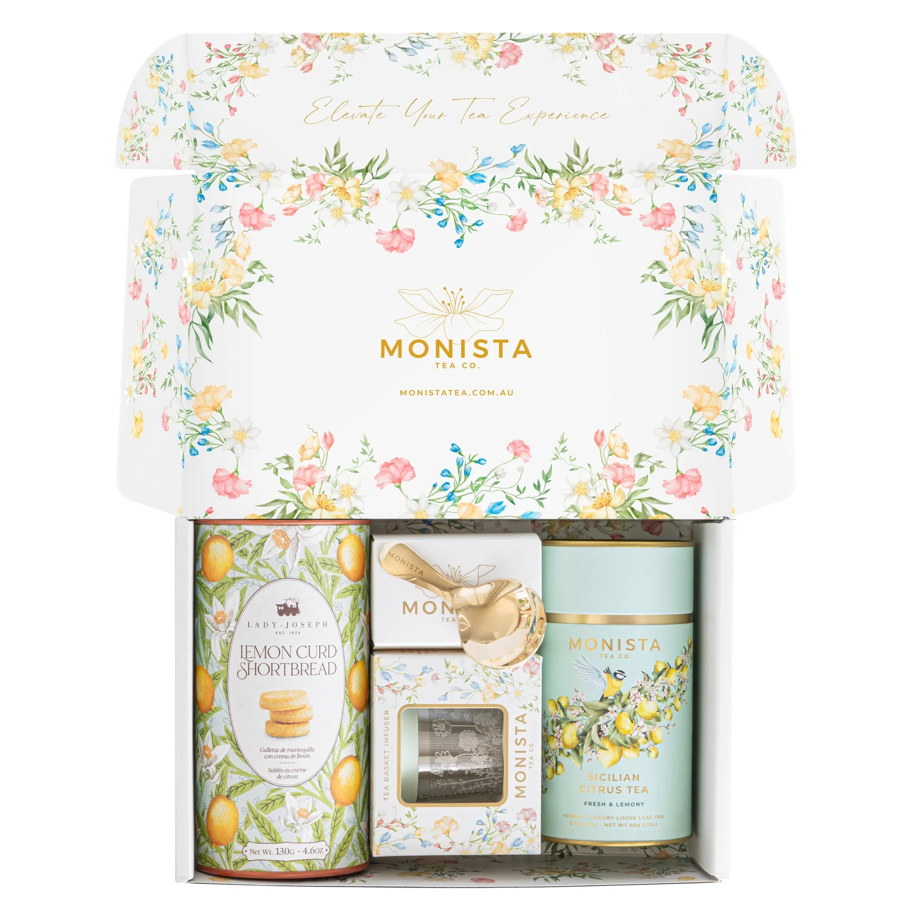 gift box with tea canister, Infuser and canister of biscuits