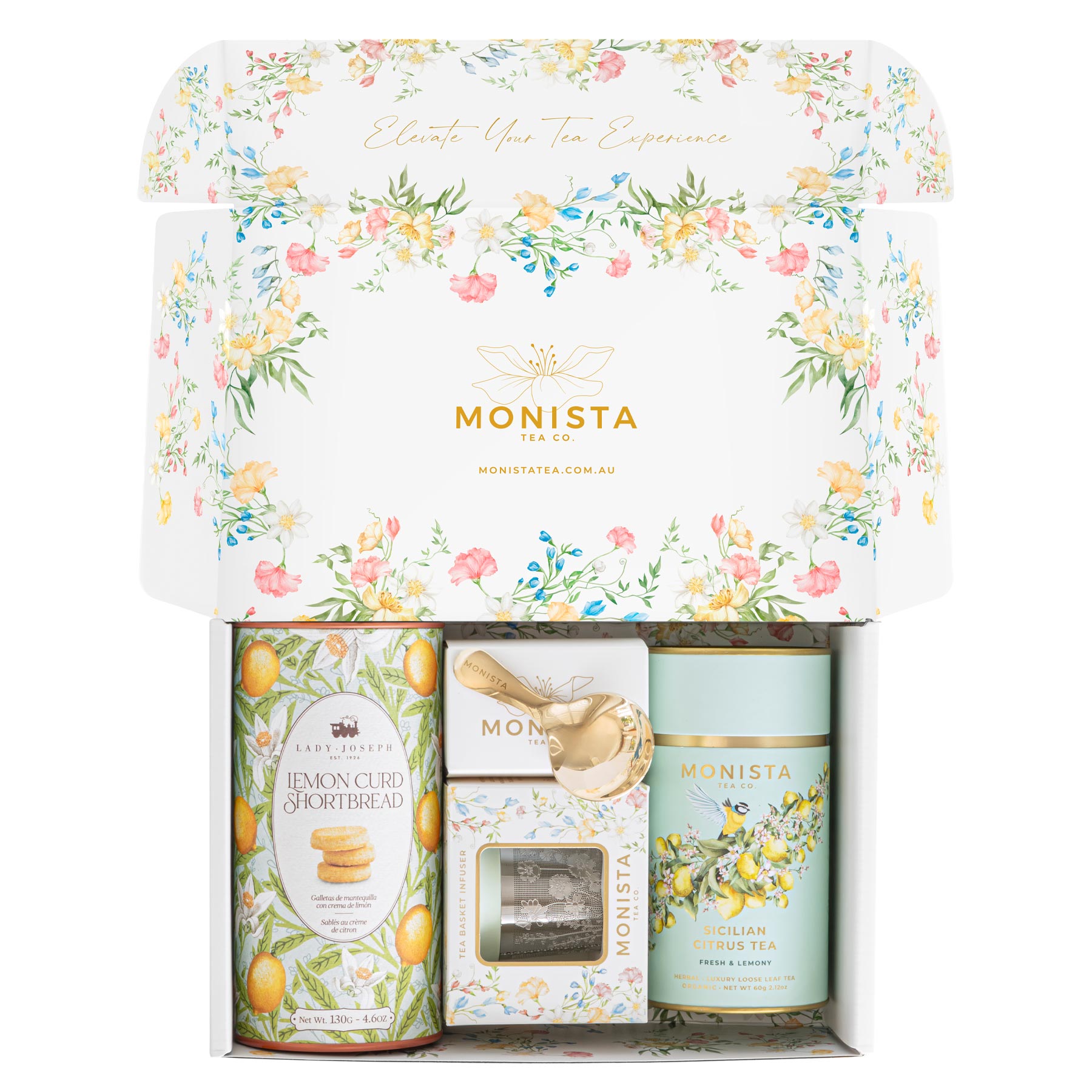 gift box with tea canister, Infuser and canister of biscuits